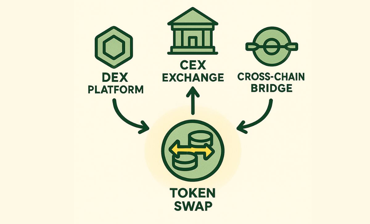 DEX platforms, CEX exchanges, cross-chain bridges, and atomic swaps